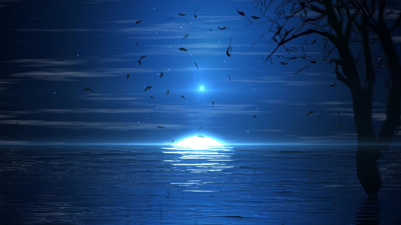 唯美大海上升月亮白月光蓝色夜空圆月明月大屏幕舞台LED视频  134