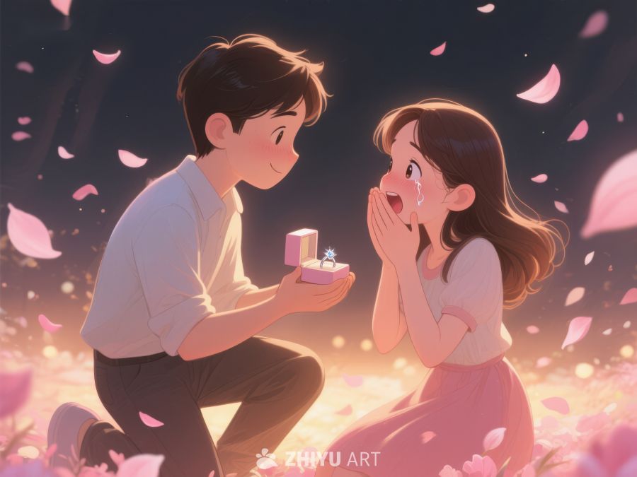 浪漫求婚场景，情侣在花瓣中 400