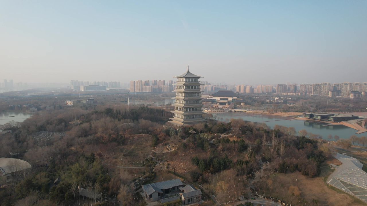 西安园博园旅游景区长安塔航拍