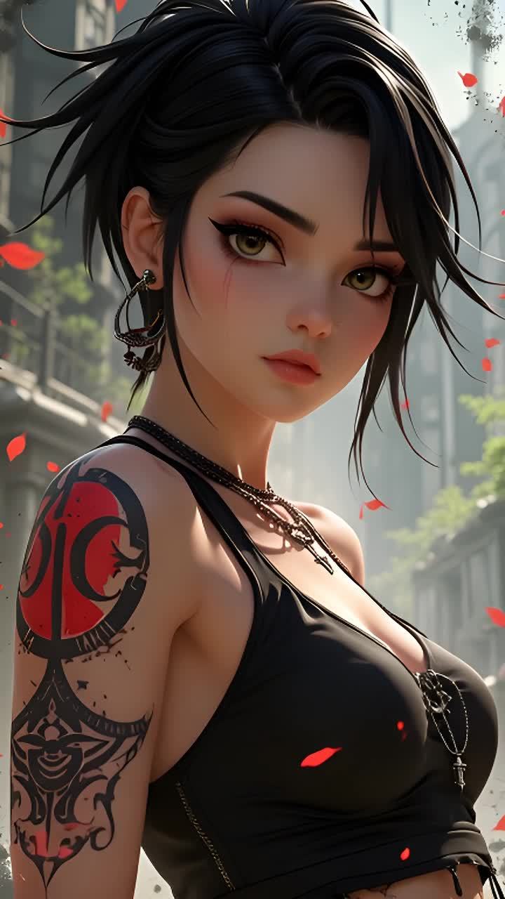 一位黑发女性直接注视着观众，她身上有纹身。她穿着黑