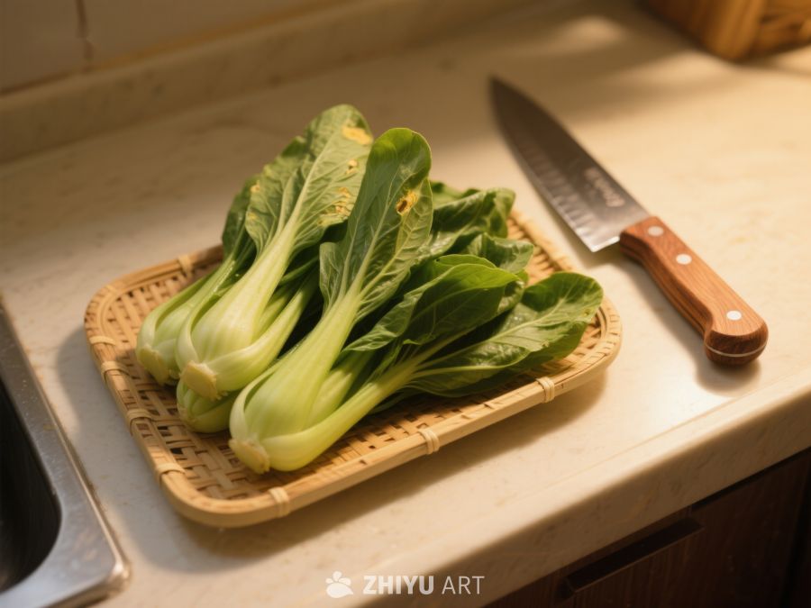 新鲜青菜置于竹篮，旁配刀具 495