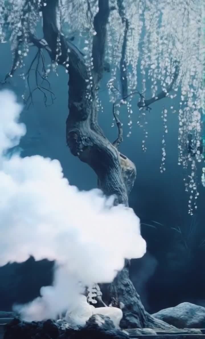 烟雾萦绕骷髅与树，苍凉幽暗的场景氛围。