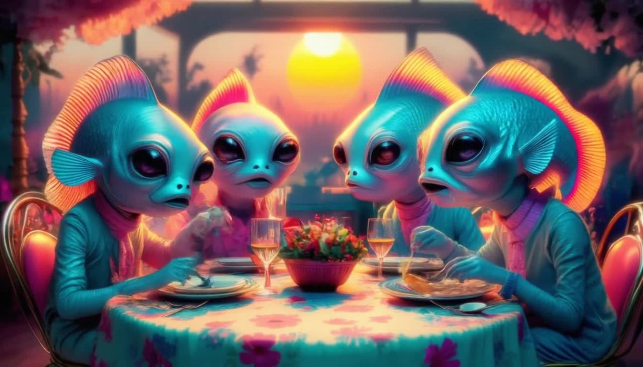 四个外形似鱼的生物围坐在一个铺着花朵图案桌布的桌子