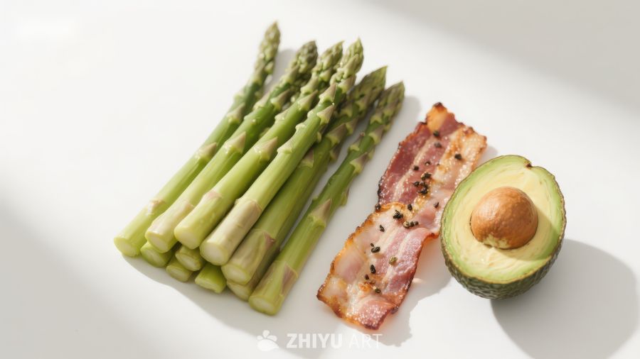 芦笋培根牛油果摆盘