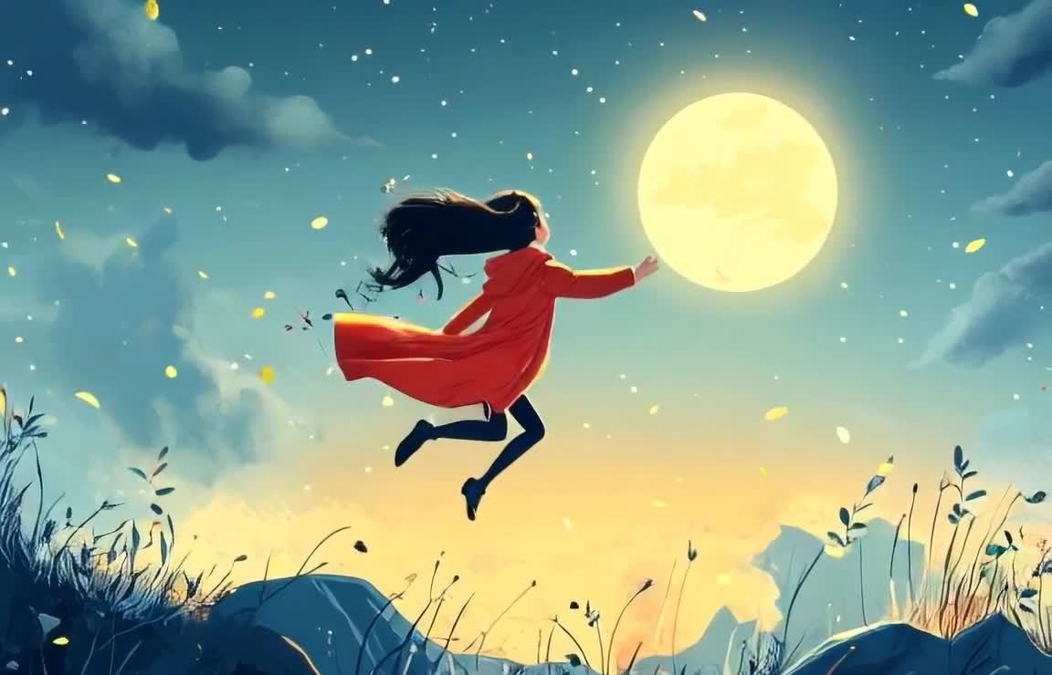 一位身穿红色外套的女孩在夜空中飞翔，她有着黑色的长