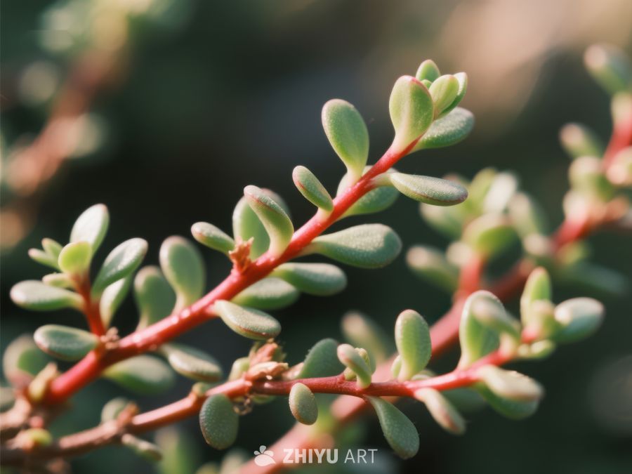 红色枝条上的绿色叶片特写 146