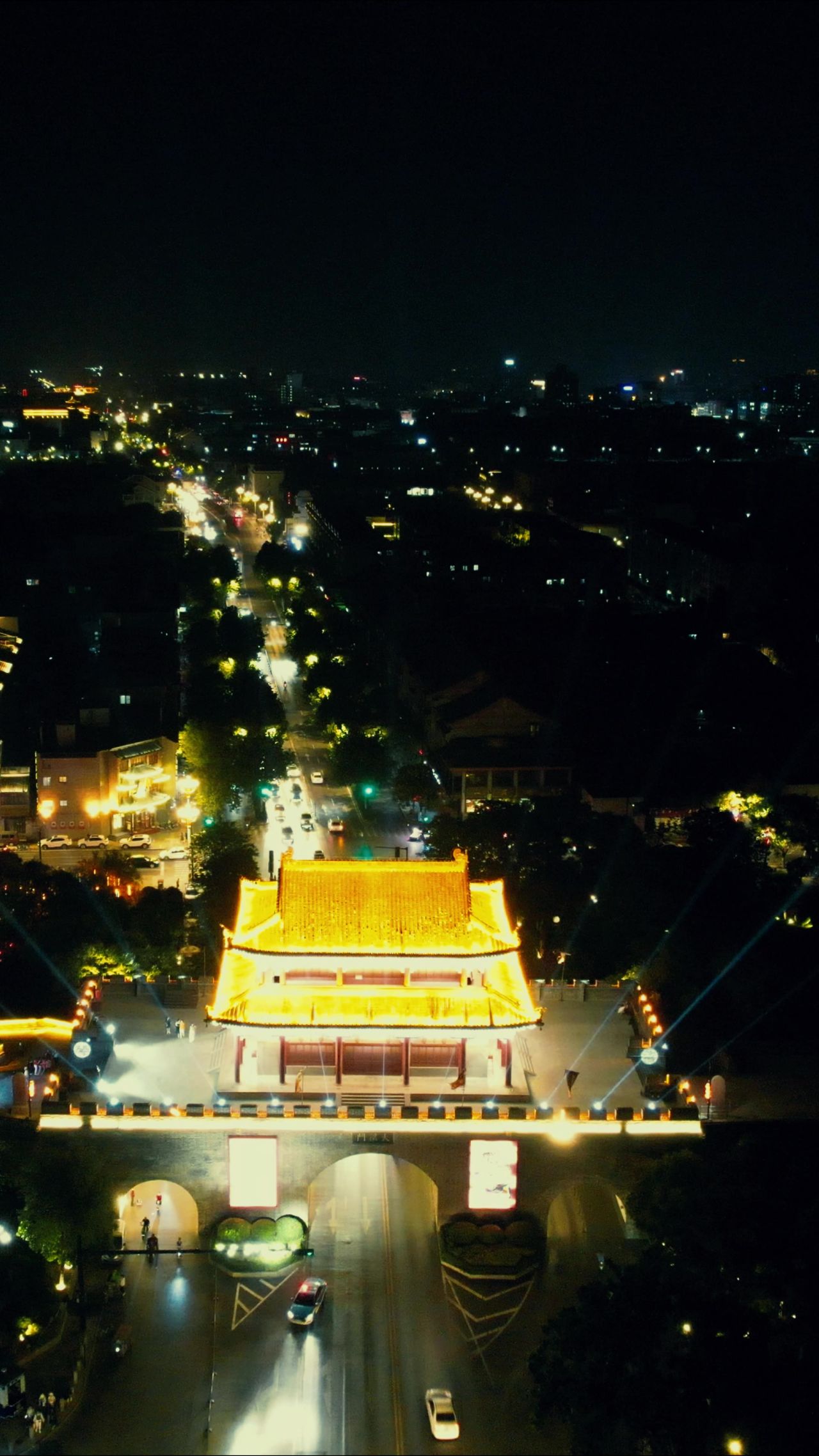 河南开封城市夜景灯光竖屏航拍  
