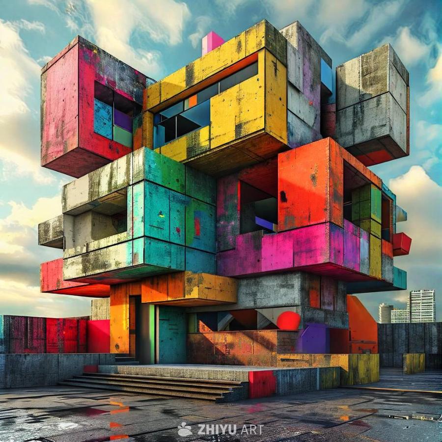 一个由许多彩色几何体组成的3D建筑，外形粗犷。建筑