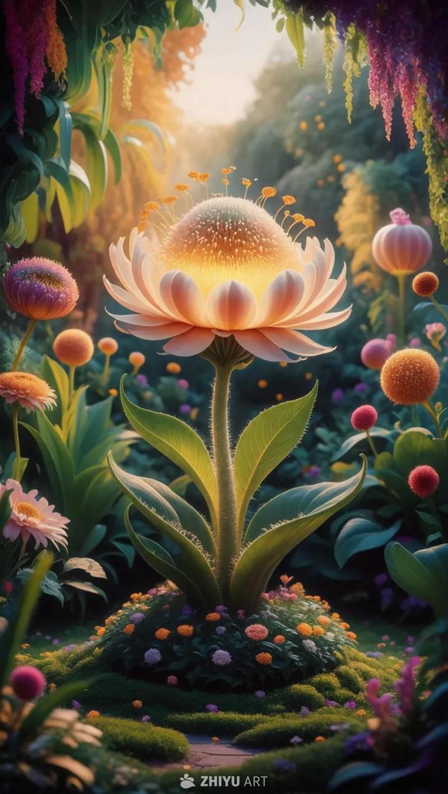 花园里，一朵巨大的花朵占据中心位置，花朵的中心散发
