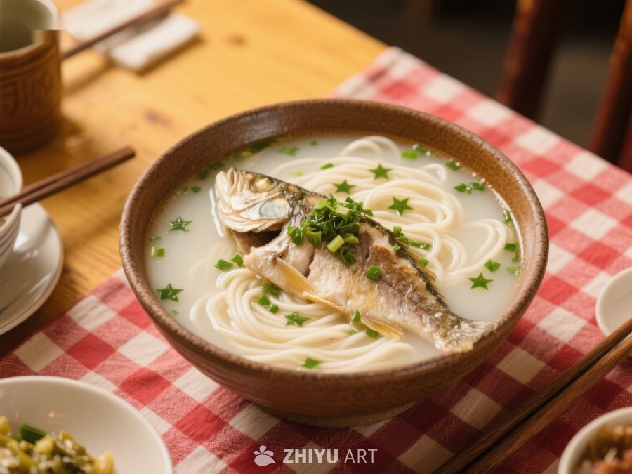 鲜美鱼汤面，点缀香菜与星形葱花 990
