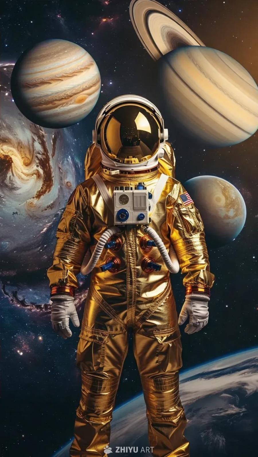 一位身着金色和银色宇航服的宇航员站在太空中，背景中