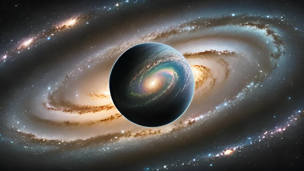 图像中心是一个壮丽的螺旋星系，其旋转的恒星和星云形