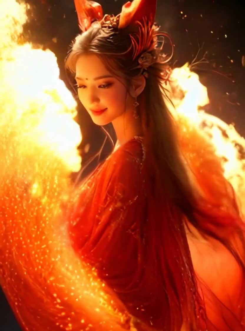 红衣女子梦幻肖像，金色光芒渲染唯美意境。
