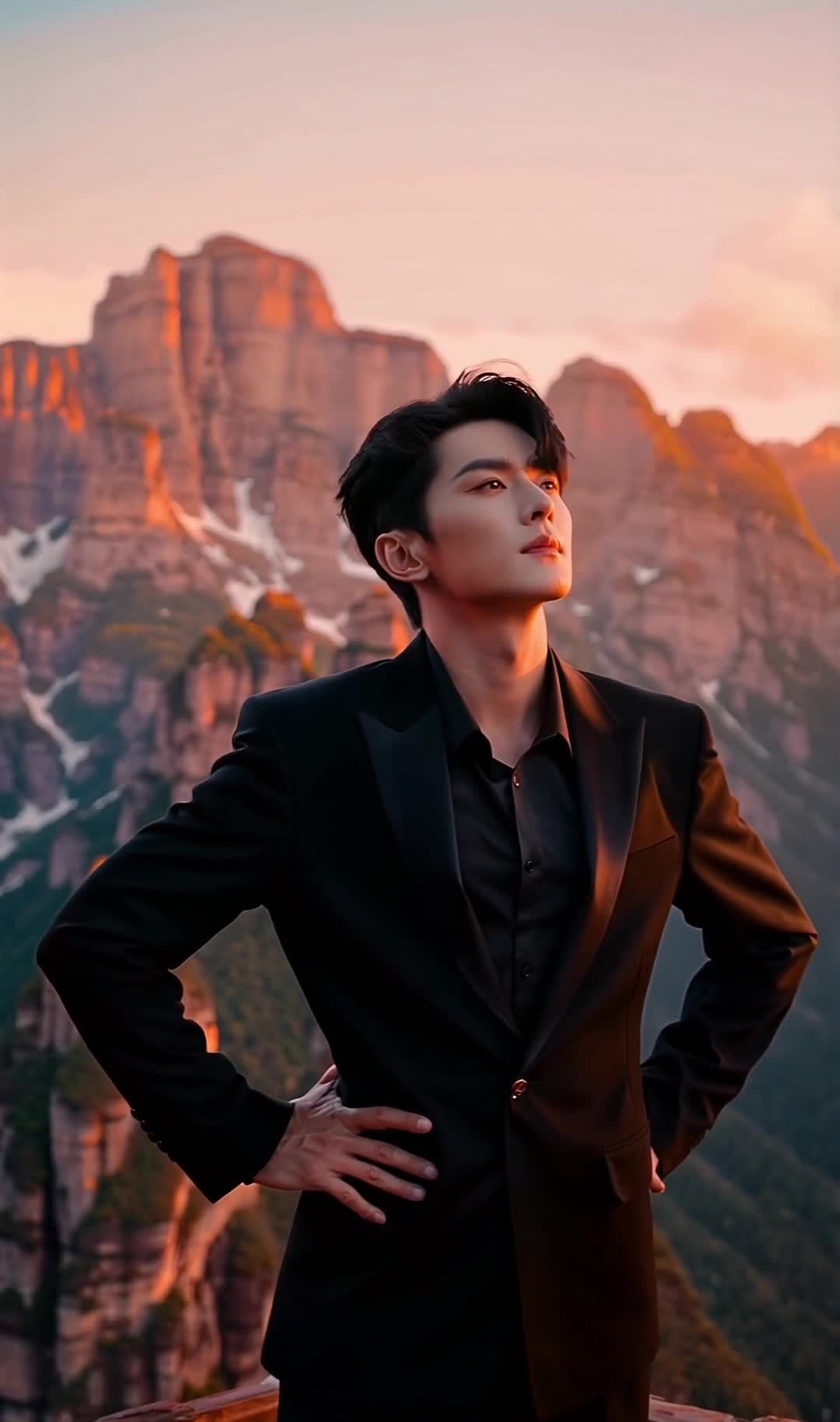 西装男子山顶仰望，夕阳下远山巍峨壮丽。