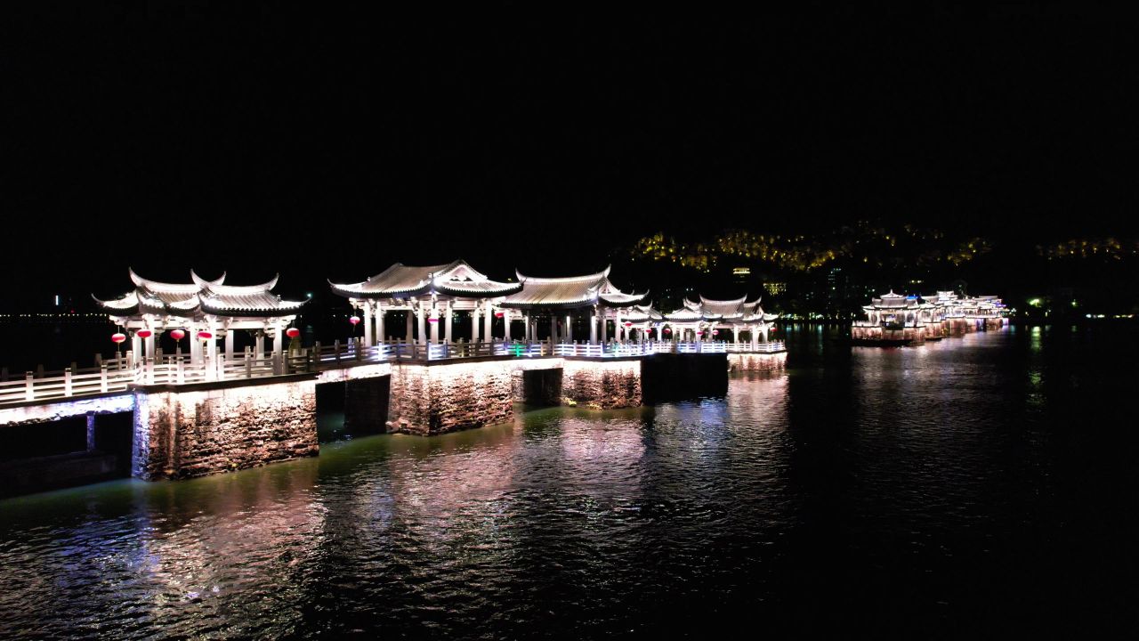 潮州广济桥夜景航拍 