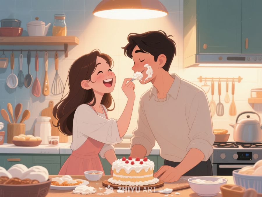 厨房温馨时刻：情侣共享蛋糕 56