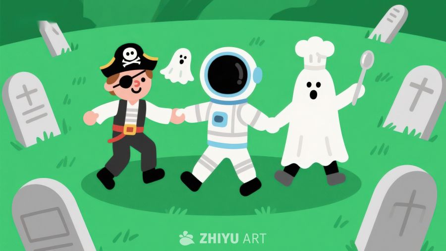 万圣节装扮人物在墓地欢乐场景