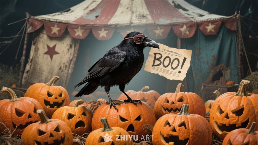 乌鸦手持‘BOO！’纸条，置身南瓜灯前