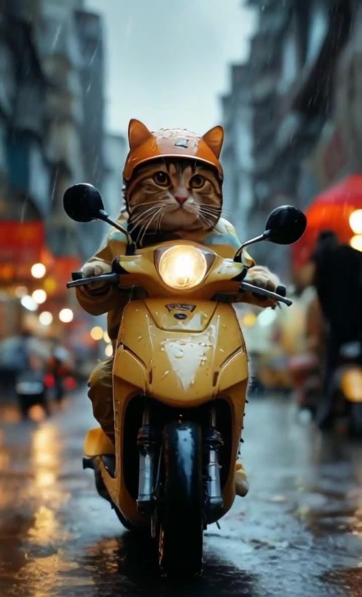 一只戴着头盔、穿着雨衣的猫骑着一辆黄色的摩托车行驶