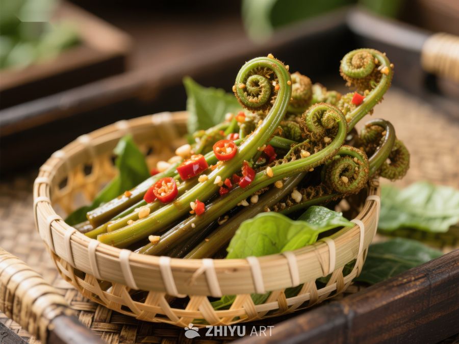 新鲜蕨菜搭配辣椒，竹篮盛装 1677