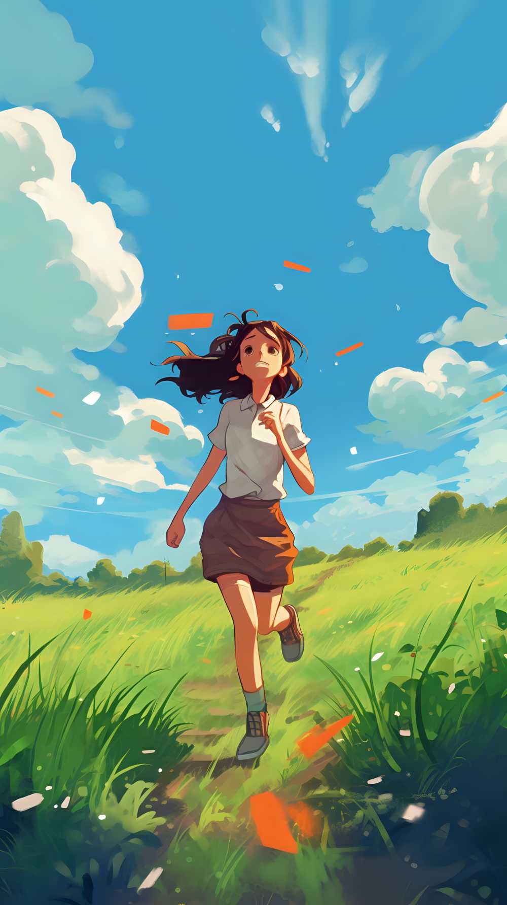 女孩在绿色的田野上奔跑
