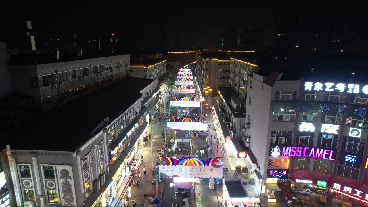 河南新乡市夜景步行街人流航拍