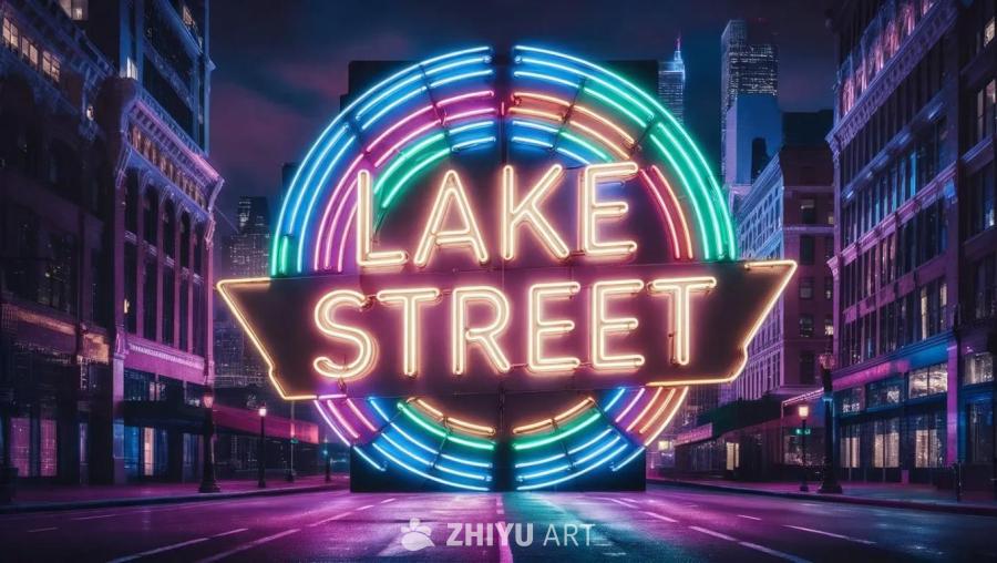 霓虹灯招牌上显示着“Lake Street”，招牌