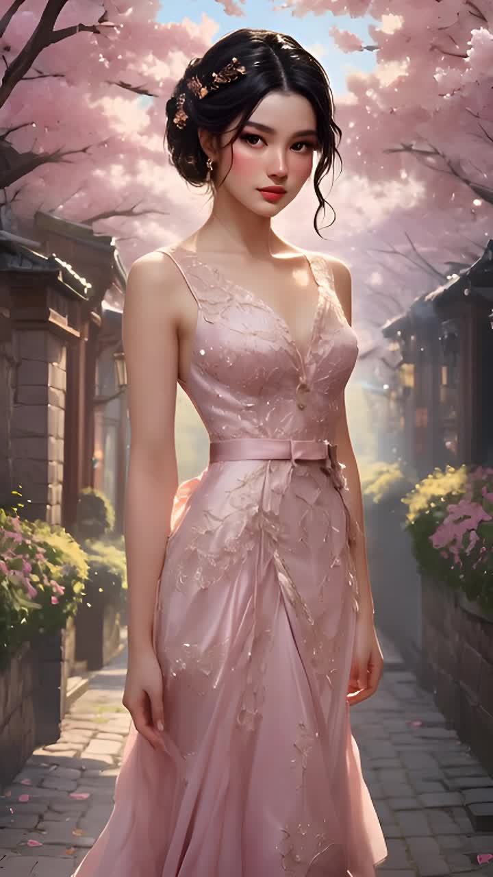 一位女士穿着粉色的连衣裙，站立在一条铺设着石砖的小