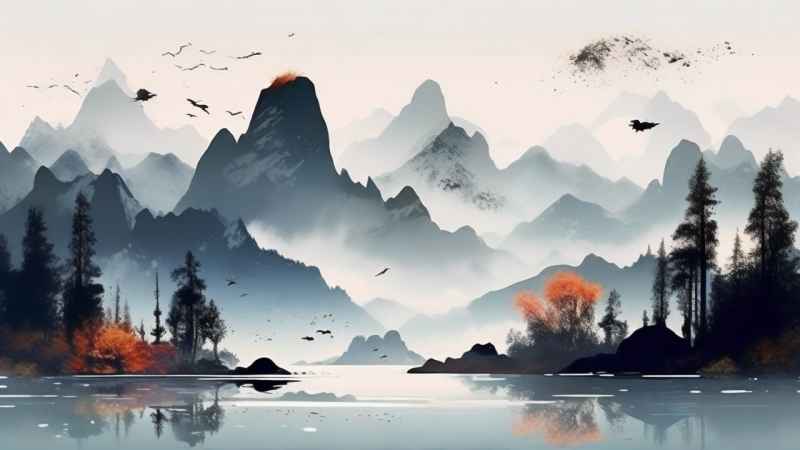 国风水彩画山水风景插画 55