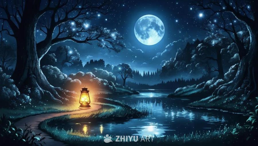 一轮满月悬挂在夜空中，周围环绕着淡淡的云朵。月光照