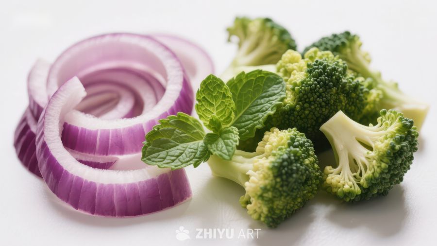 新鲜蔬菜组合：洋葱与西兰花