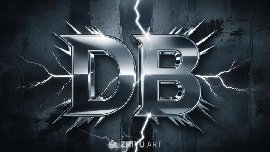 字母“DB”以粗体和反光效果呈现，置于深色、粗糙的