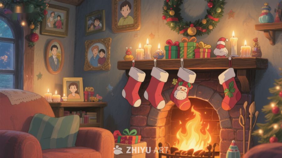 温馨圣诞夜的客厅场景 317