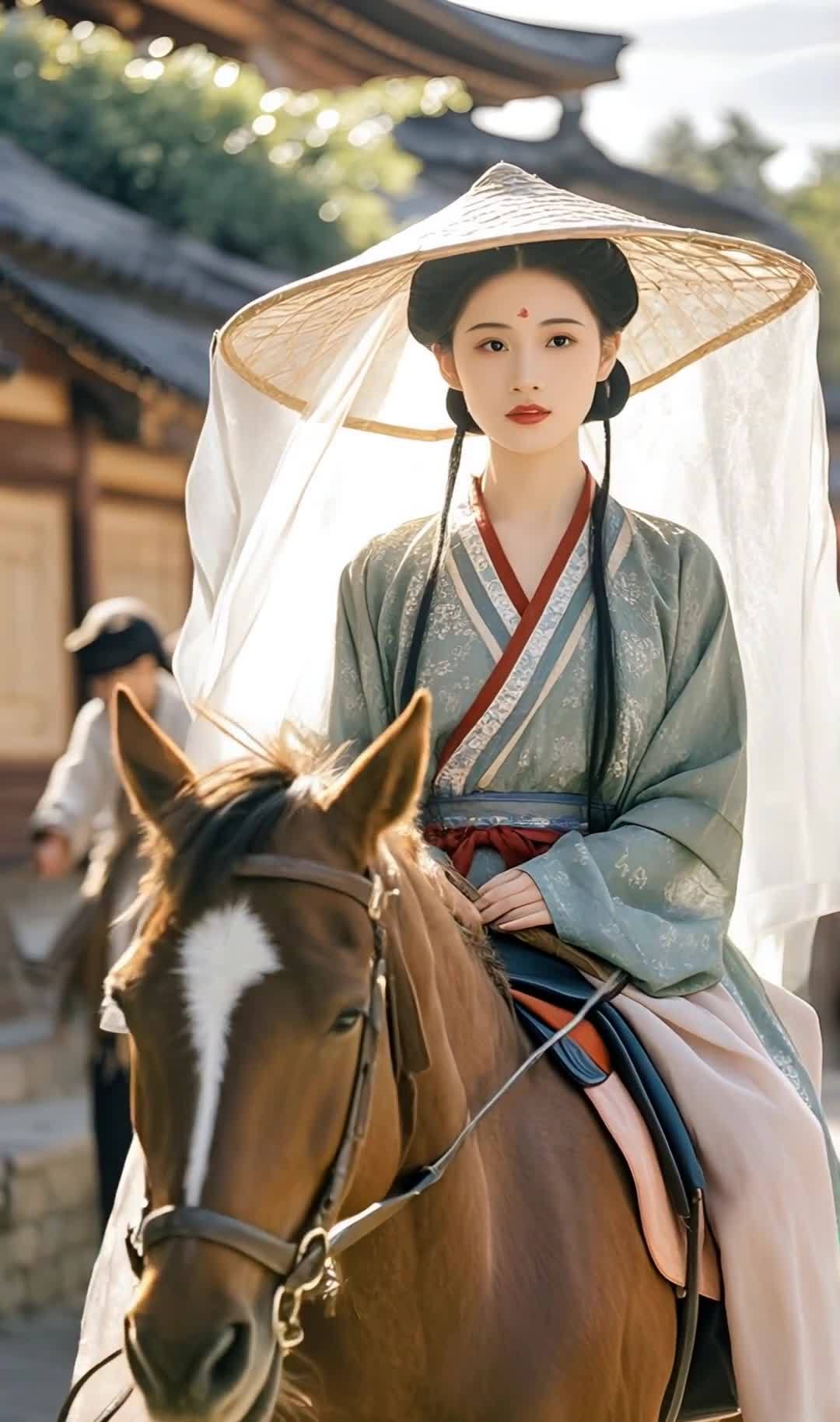 身着古装的女子骑马，在古镇街头漫步。