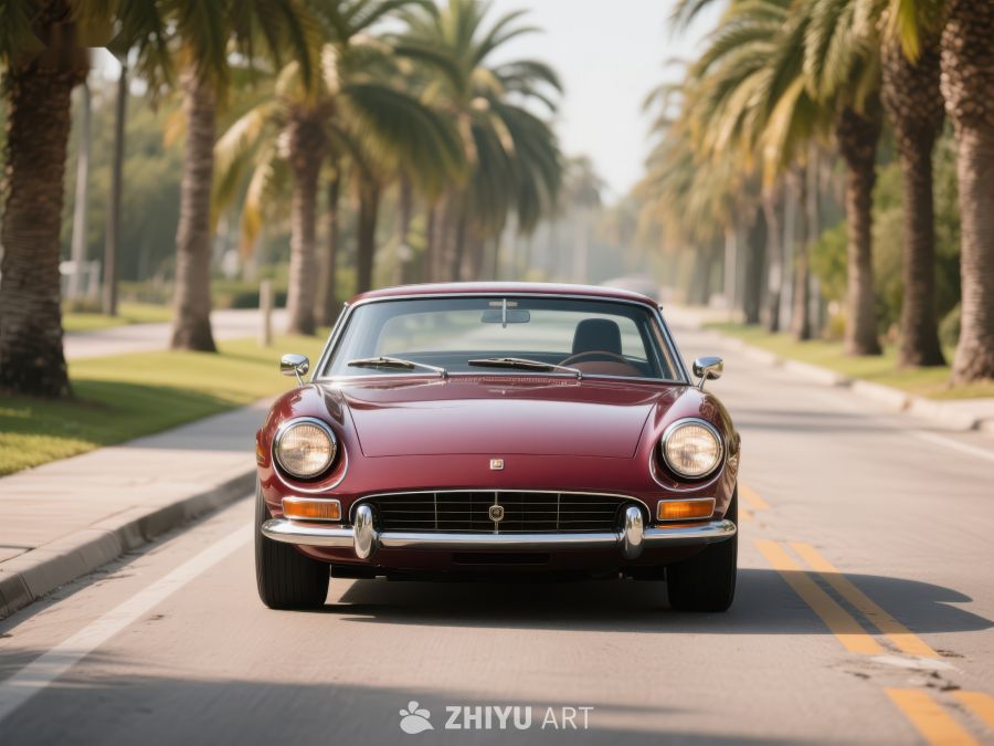 复古跑车行驶在棕榈树大道上 37