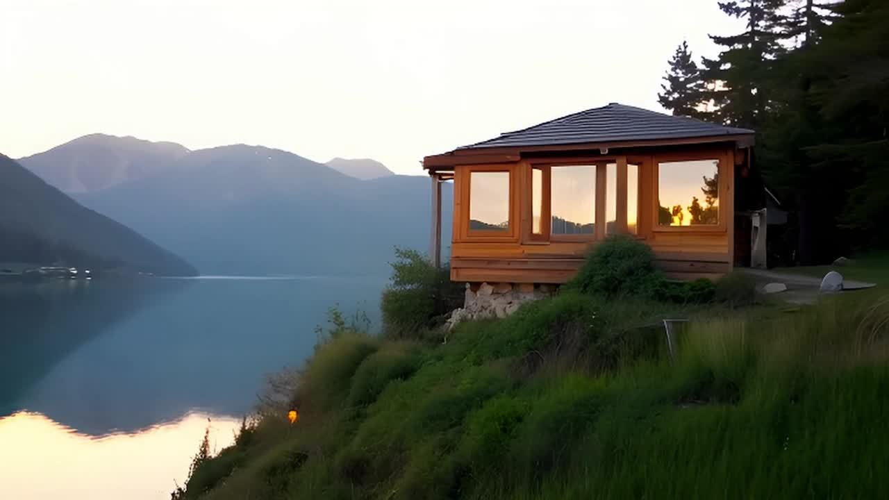 一座宁静的小屋坐落在山脚下，旁边是一个平静的湖泊。