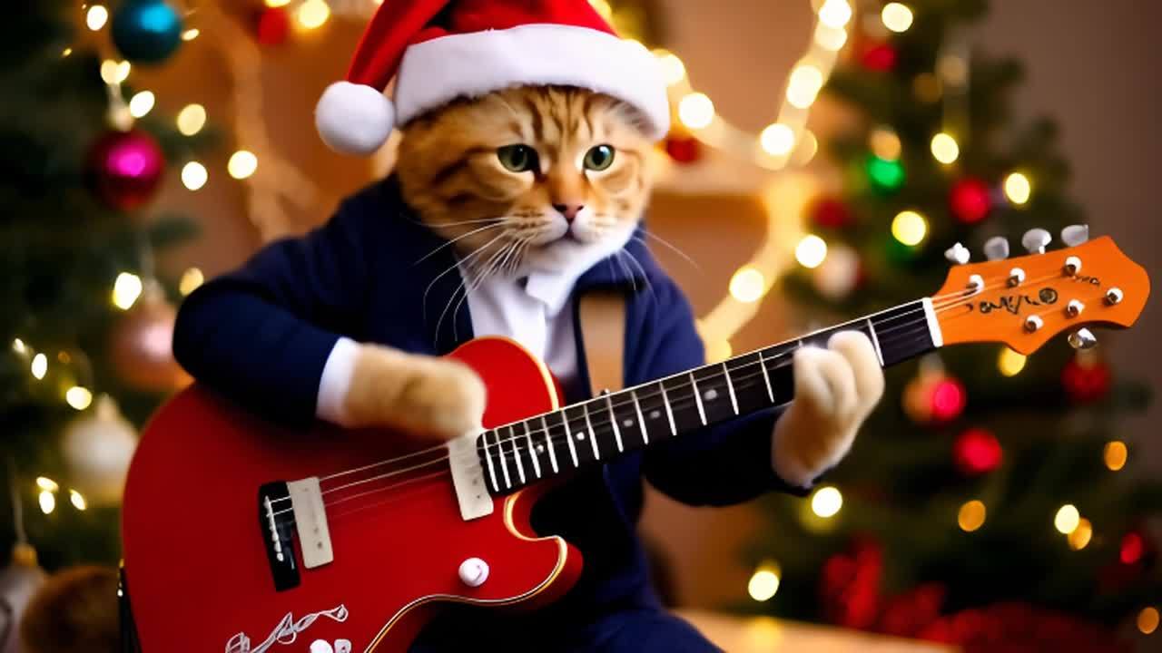 一只橙色虎斑猫，戴着圣诞帽，穿着深蓝色外套和白色衬