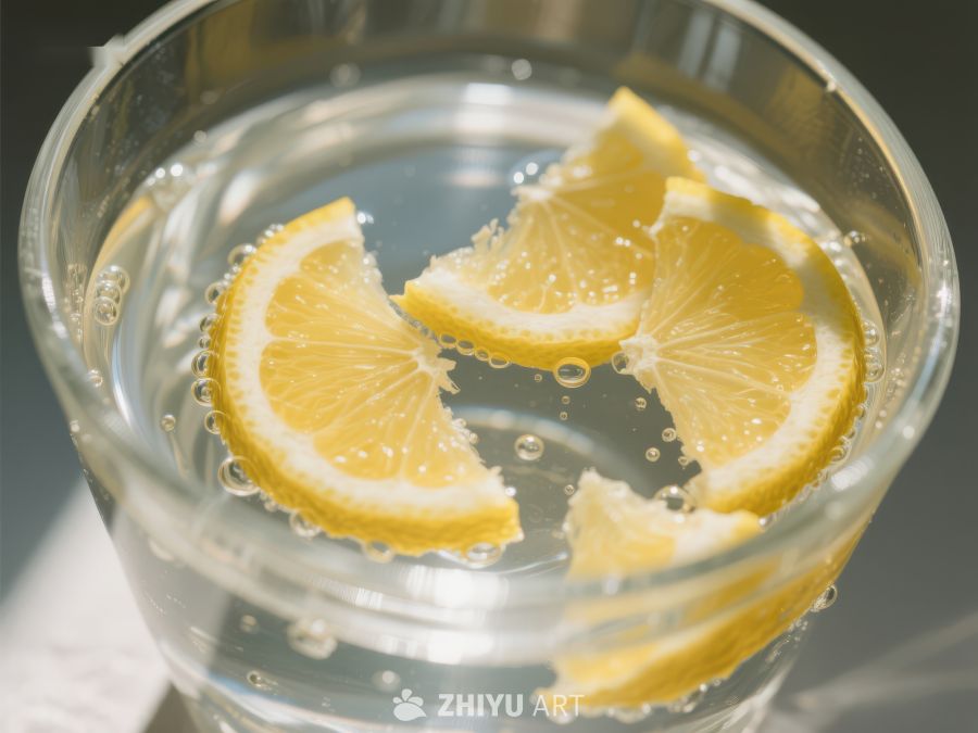 柠檬片漂浮在透明玻璃杯中的水里 347