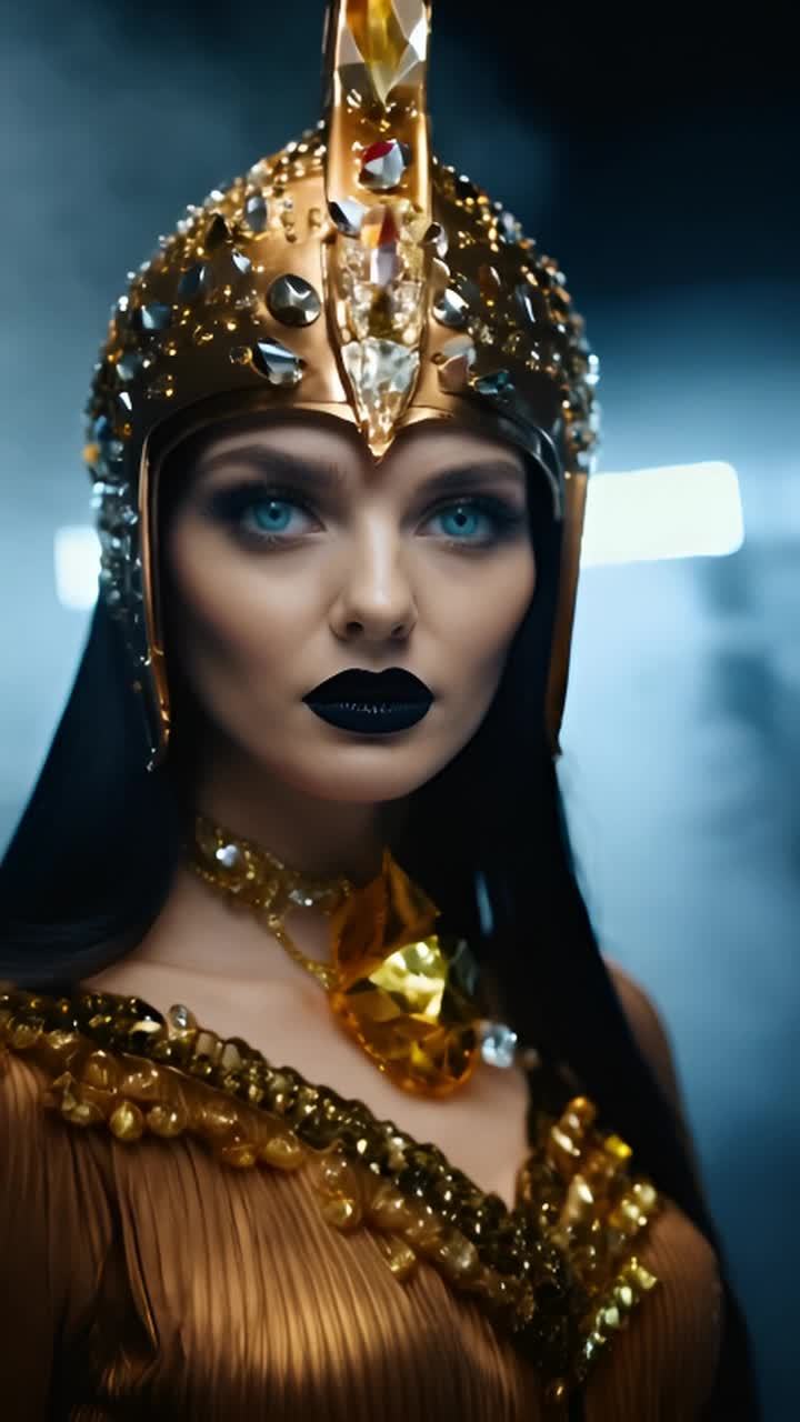 一个有着醒目蓝色眼睛的女子，戴着一个带有金色水晶的