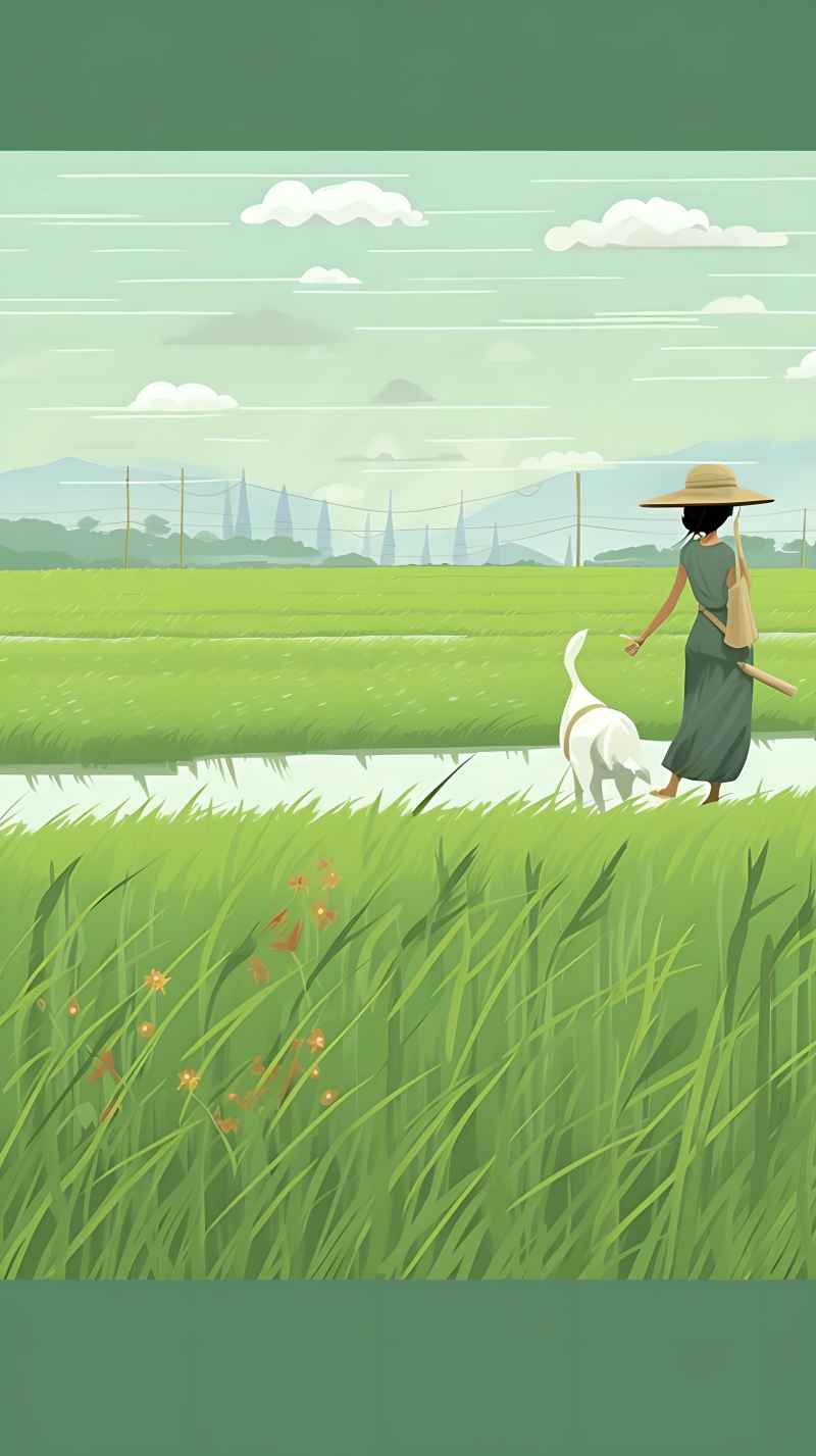 女人站在稻田与狗绿色插画 13
