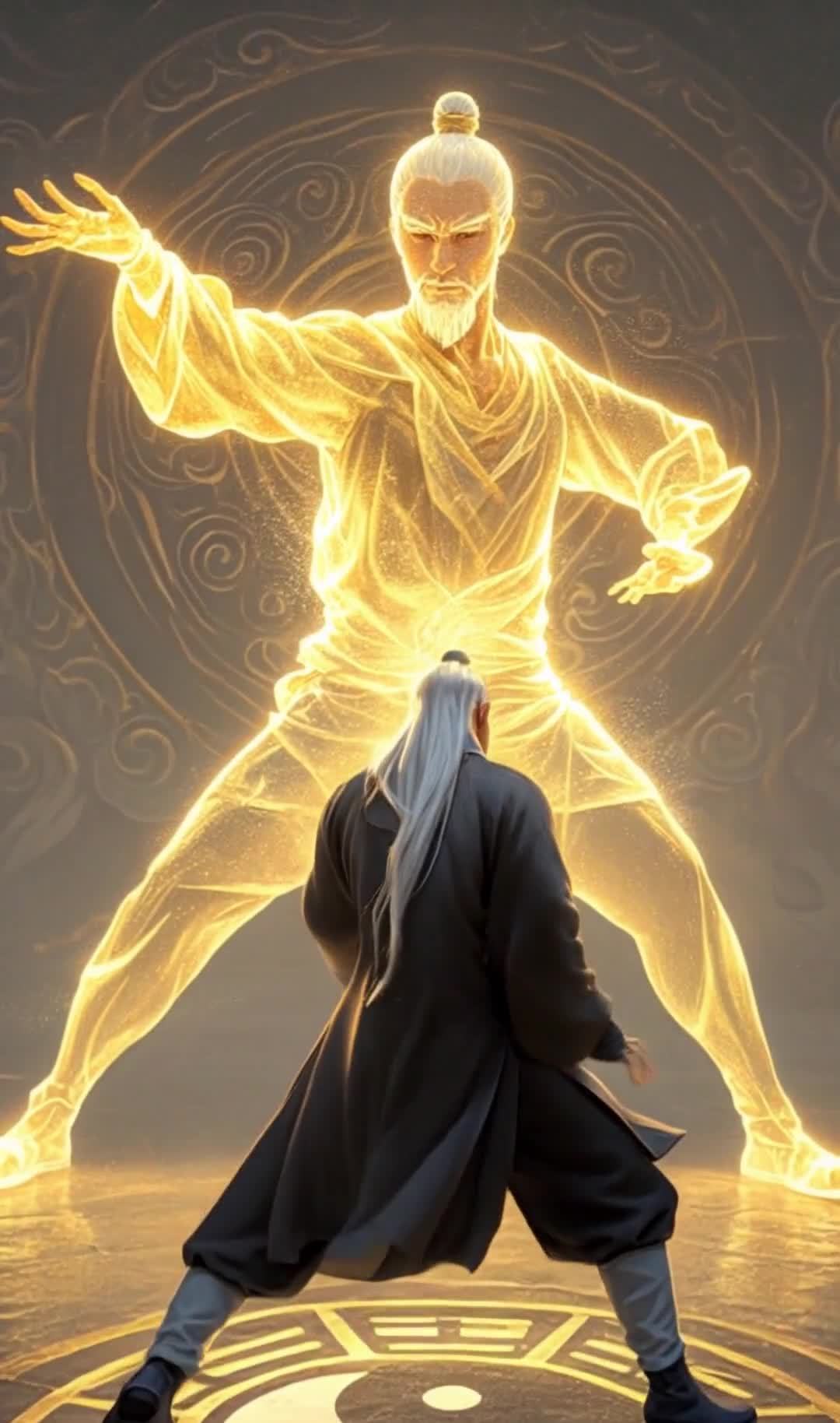 虚影现身，男子练武，阴阳图案的神秘场景。