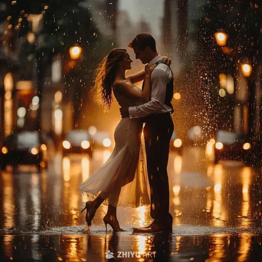 一男一女在雨中跳舞。倾盆大雨下，一位潇洒的男士和一