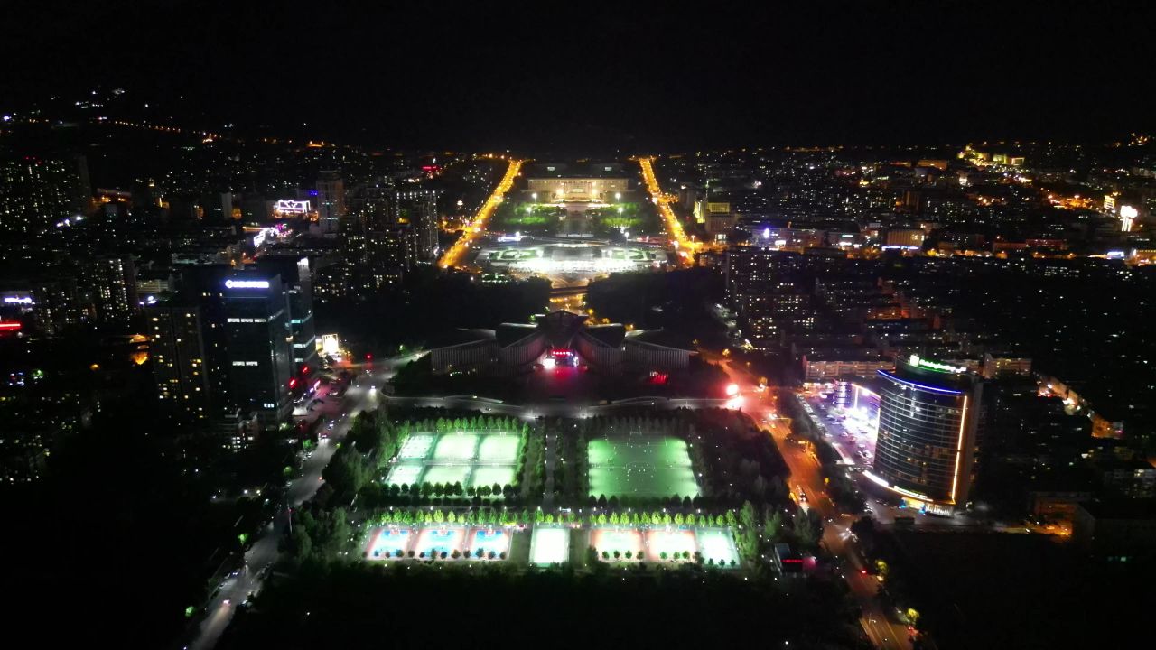  航拍山东泰安会展中心夜景