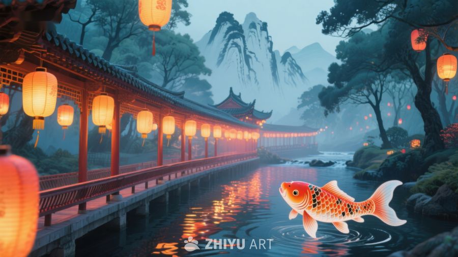 古桥灯笼映水中，锦鲤悠游山水间 94