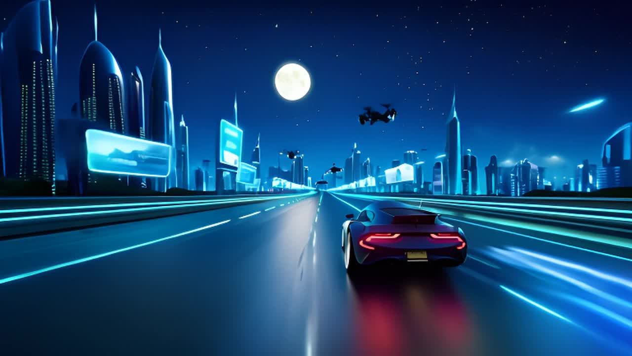 夜晚的场景中，一辆时尚的现代汽车在高速公路上行驶。