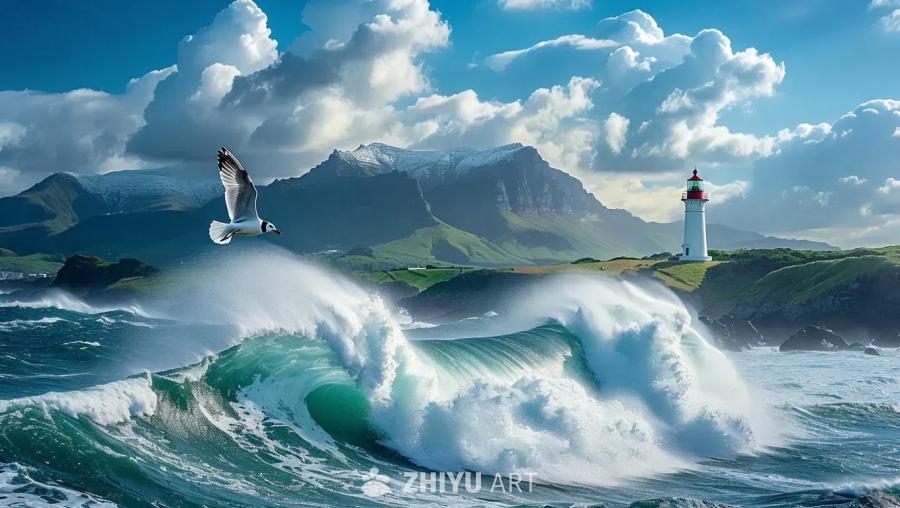 一只海鸥在白色浪花和远处灯塔的背景下优雅地翱翔。镜