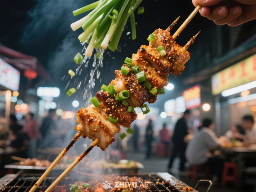 夜市烧烤：撒葱花的美味瞬间 839