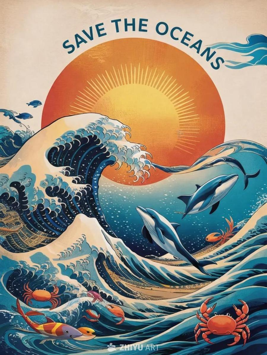一幅图形设计作品，上方文字为“拯救海洋”，图案由太