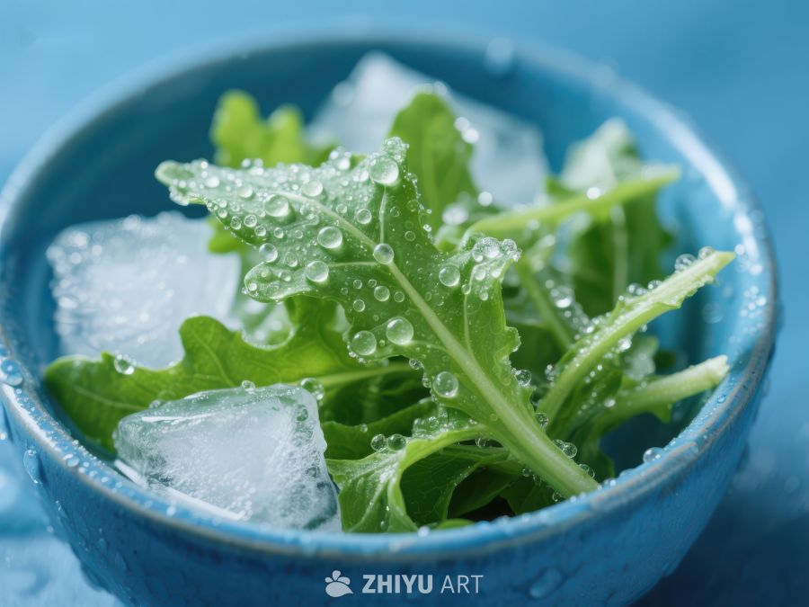 冰镇绿叶蔬菜的清新特写 22