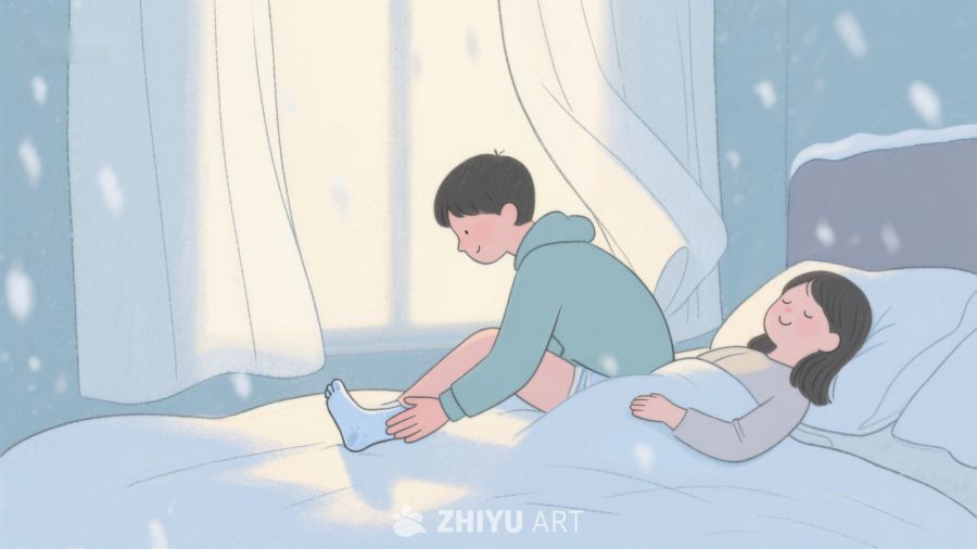 温馨冬日，男孩为女孩盖被穿袜 396